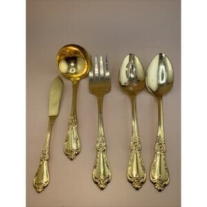 5 Piece Oneida Deluxe Serving Set Stainless Gold Tone Fork Spoons Ladle